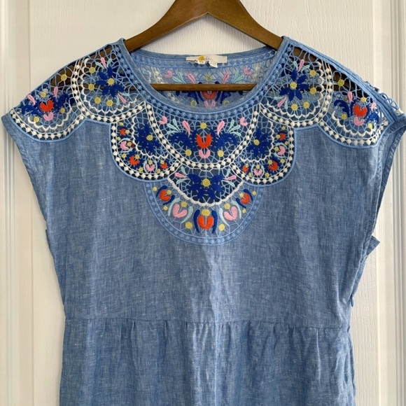 Boden Fleur Embroidered Linen Dress 8 Blue - Picture 3 of 10